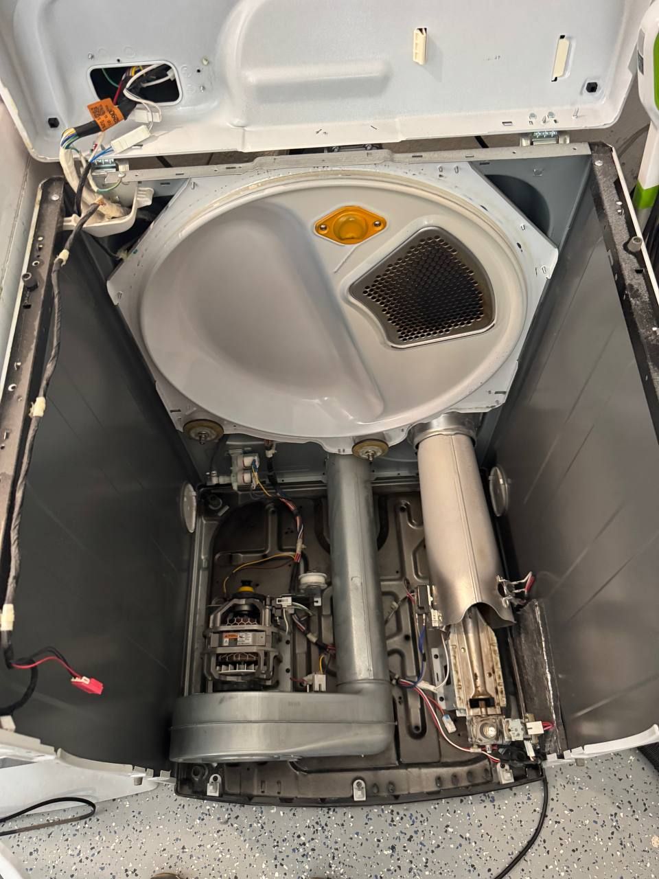 Dryer drum and blower opened for repair by Era Service in Chino